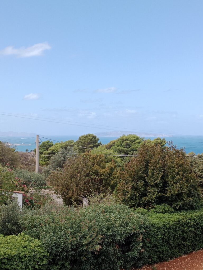 Blick von der Veranda auf Meer und Garten